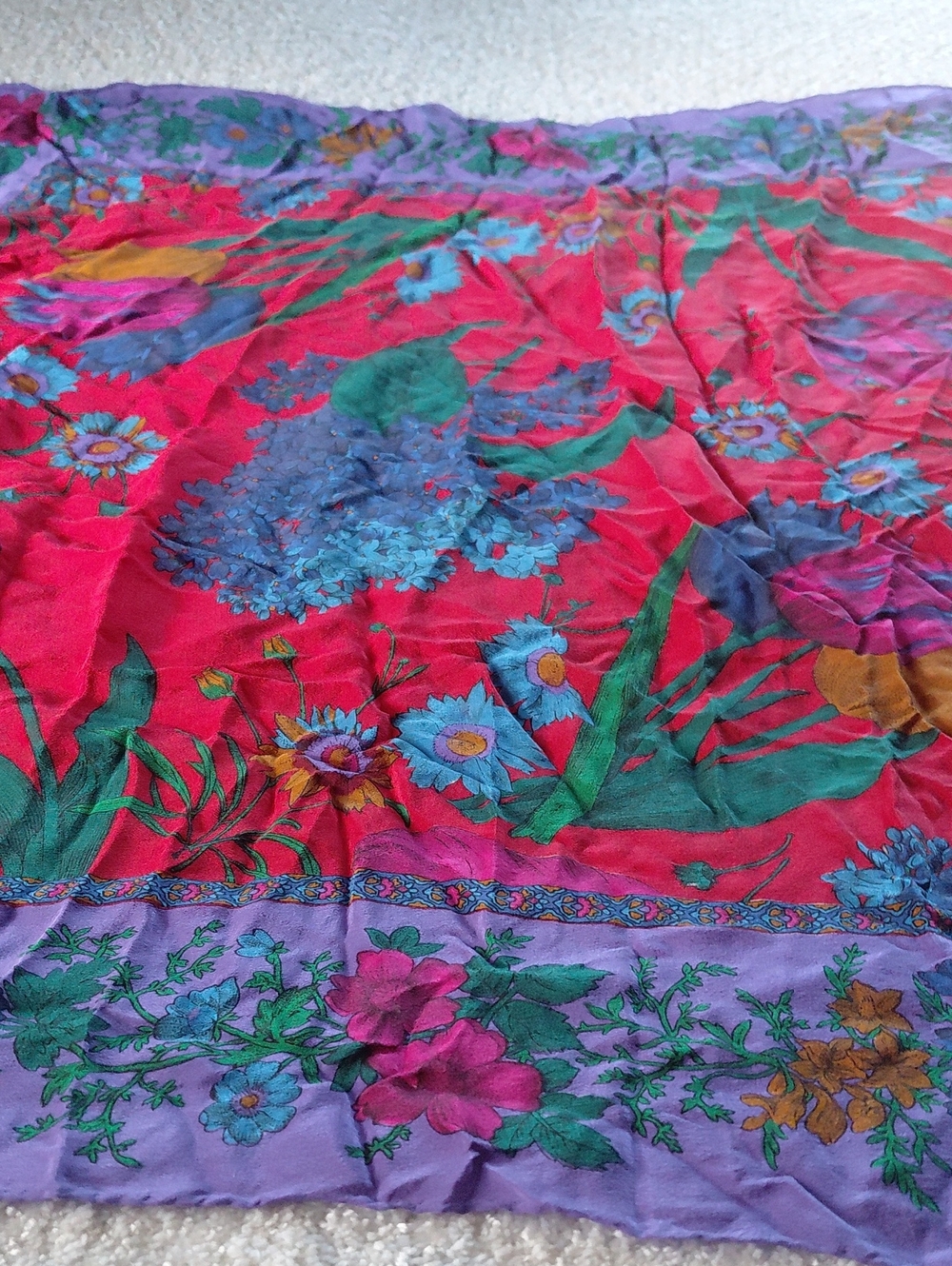 Floral Red Purple Silk Scarf 27"x27"